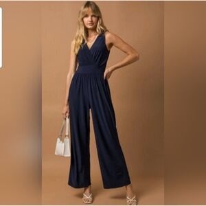 Navy Blue Sleeveless‎ Wide-Leg Jumpsuit Minimalist Essential